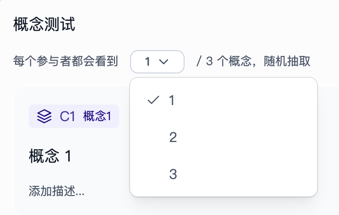 这是Trooly.AI概念测试功能的操作界面，用于配置概念测试的展示规则。界面显示当前设置为每个参与者会看到随机抽取的1个概念，总共有3个待测试的概念可供选择，当前正处于选择展示概念数量的下拉菜单展开状态，菜单中选中项为“1”，旁侧对应标注了“/ 3 个概念，随机抽取”的规则说明，左侧还呈现了待测试的“C1 概念1”的基础选项与描述输入区域，该界面对应文档中概念测试的相关配置环节，用于说明如何设置用户接触方案的数量，以收集对应场景下的用户反馈。