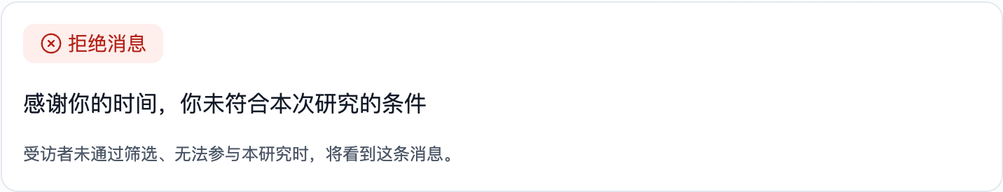 这张图片展示的是Trooly.AI平台中设置的受访者未通过筛选时的拒绝消息示例,核心内容包含左上角标注为“拒绝消息”的红色标识,下方的提示文字为“感谢你的时间,你未符合本次研究的条件”,最下方的说明文字注明“受访者未通过筛选、无法参与本研究时,将看到这条消息”,该内容是文档中“未通过筛选时显示什么”板块的对应示例,用于明确向未符合研究参与条件的受访者展示的提示内容,符合文档中要求的简短友好的提示风格。